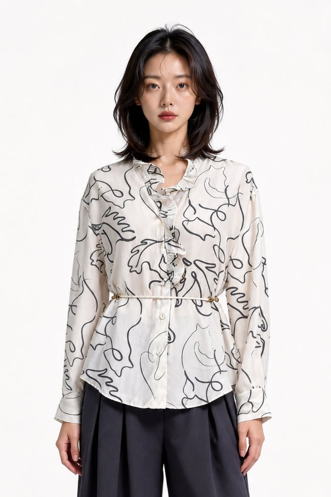 Callan Abstract Ruffle-Collar Satin Blouse