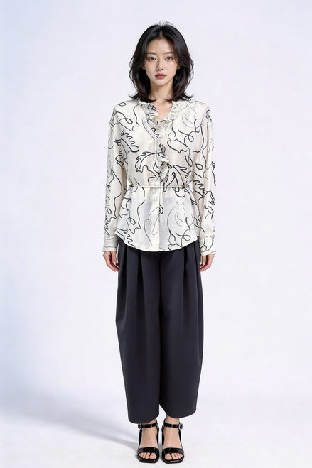 Callan Abstract Ruffle-Collar Satin Blouse