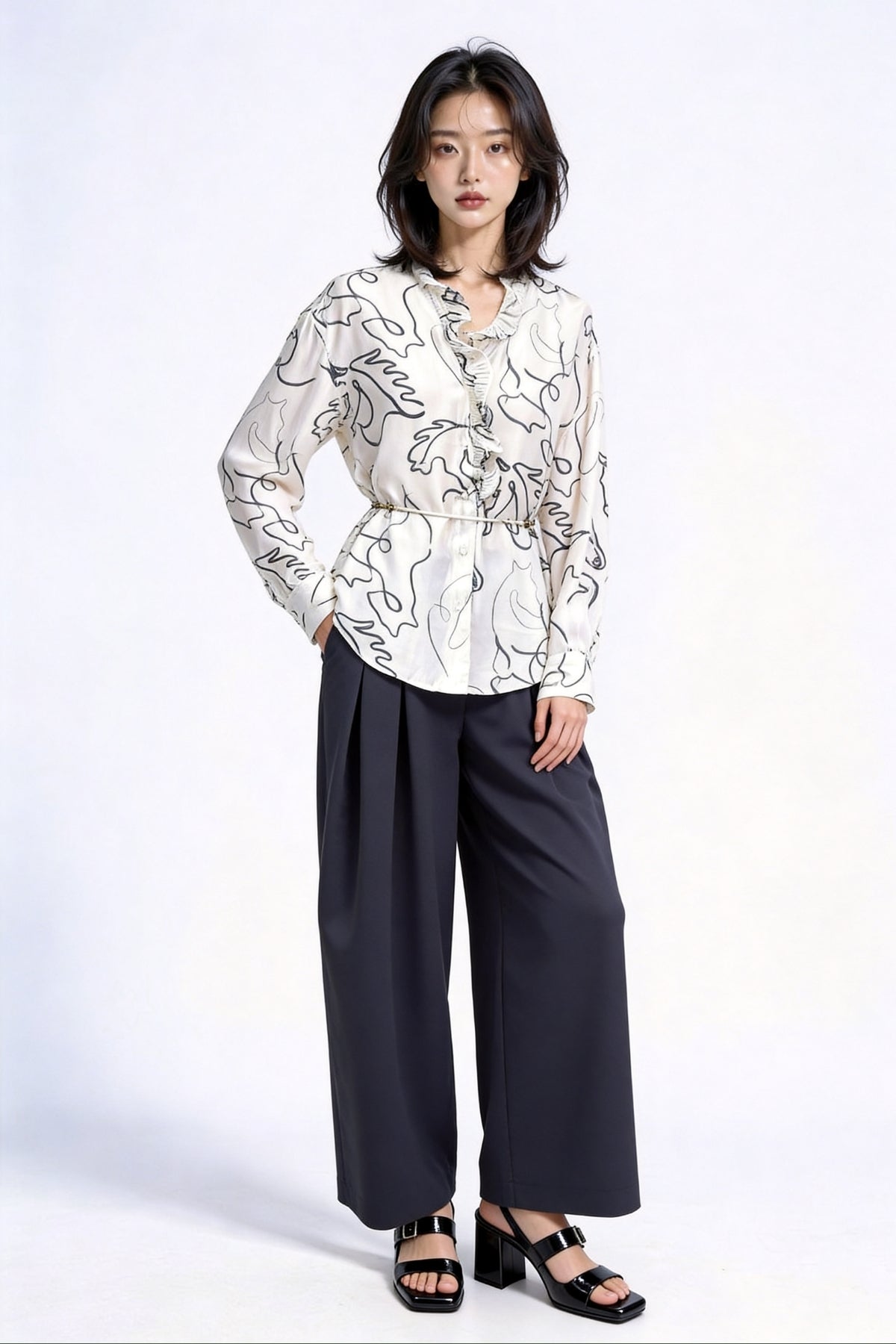 Callan Abstract Ruffle-Collar Satin Blouse