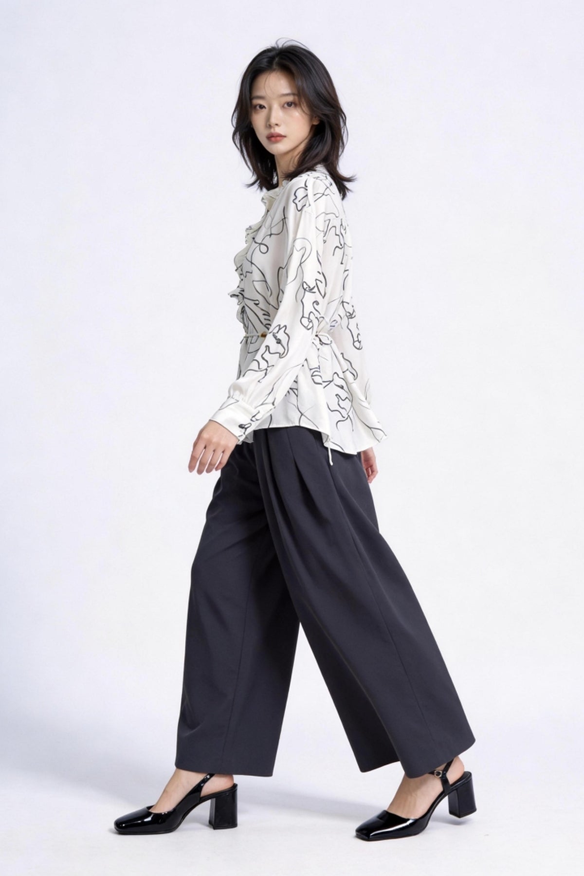 Callan Abstract Ruffle-Collar Satin Blouse