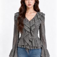 Amarantha Cascading-Ruffle Lace Blouse