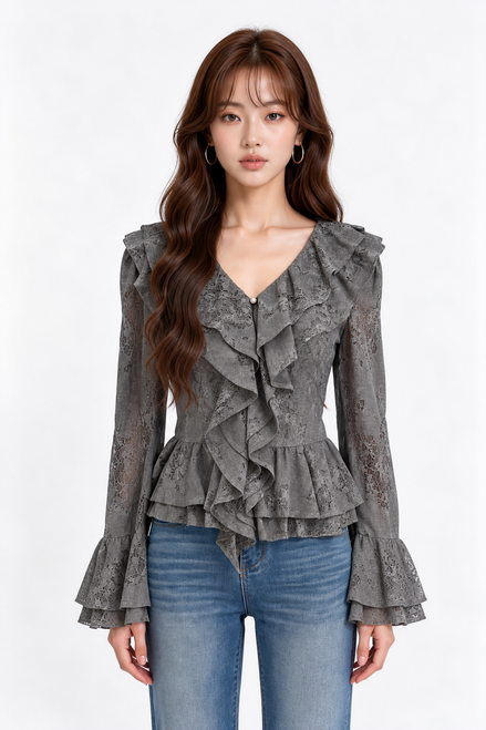 Amarantha Cascading-Ruffle Lace Blouse