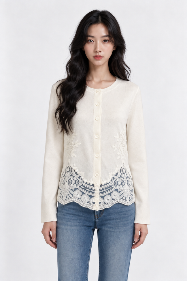Eupraxia Lace-Panel Knit Cardigan