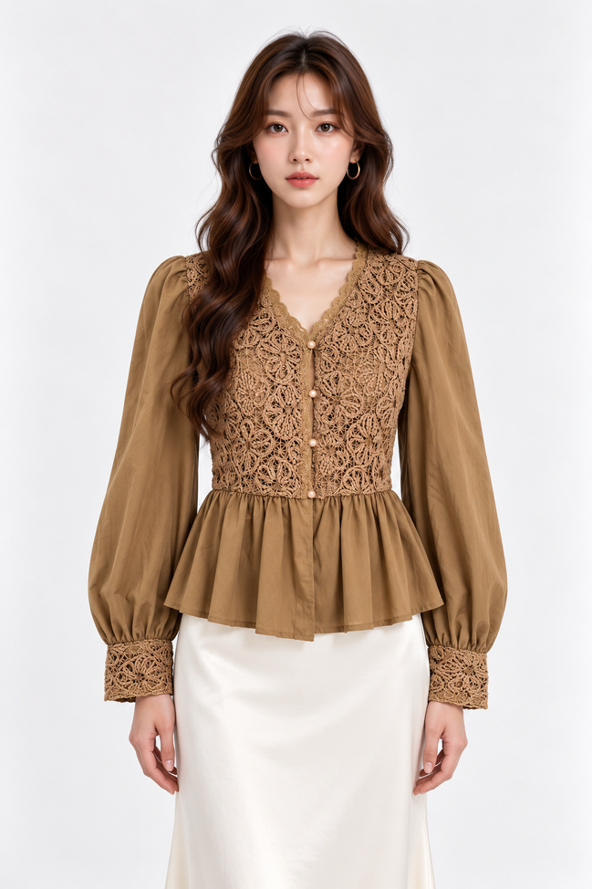 Ginevra Lace-Panel Satin Peplum Blouse