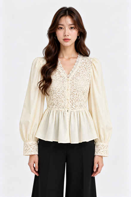 Ginevra Lace-Panel Satin Peplum Blouse