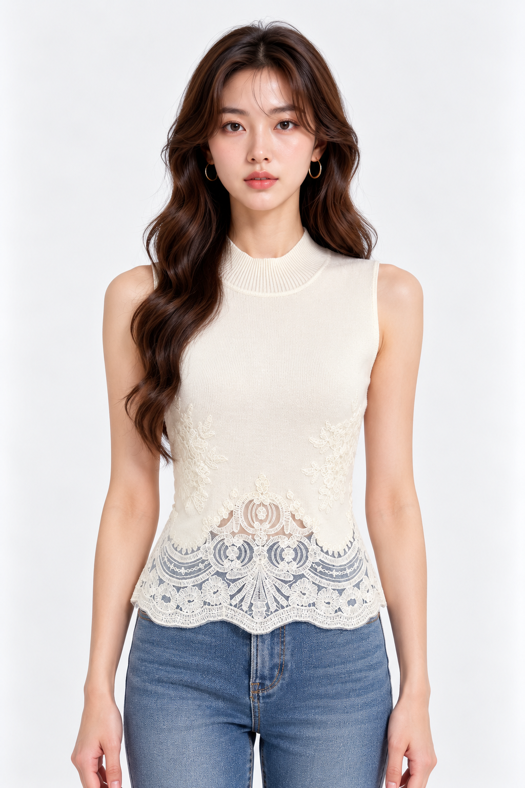 Serilda Lace-Panel Mock-Neck Top