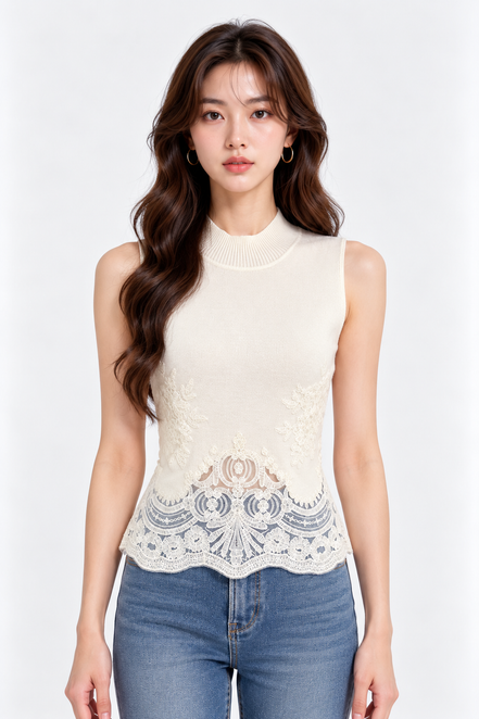 Serilda Lace-Panel Mock-Neck Top