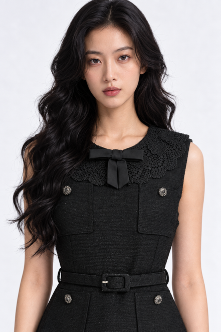 Melisendra Lace-Collar Tweed Maxi Dress