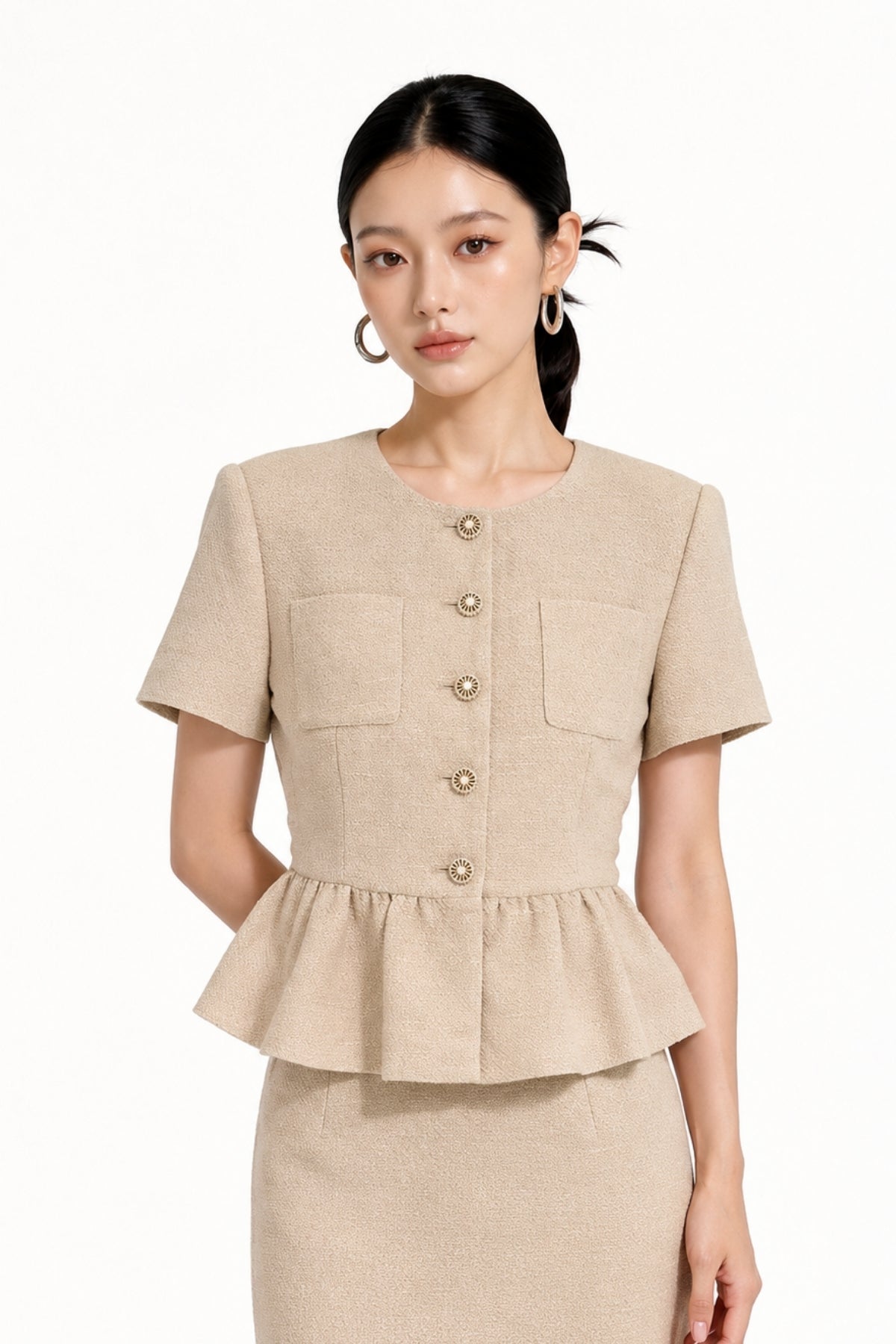 Davianna Peplum Tweed Button-Down Top