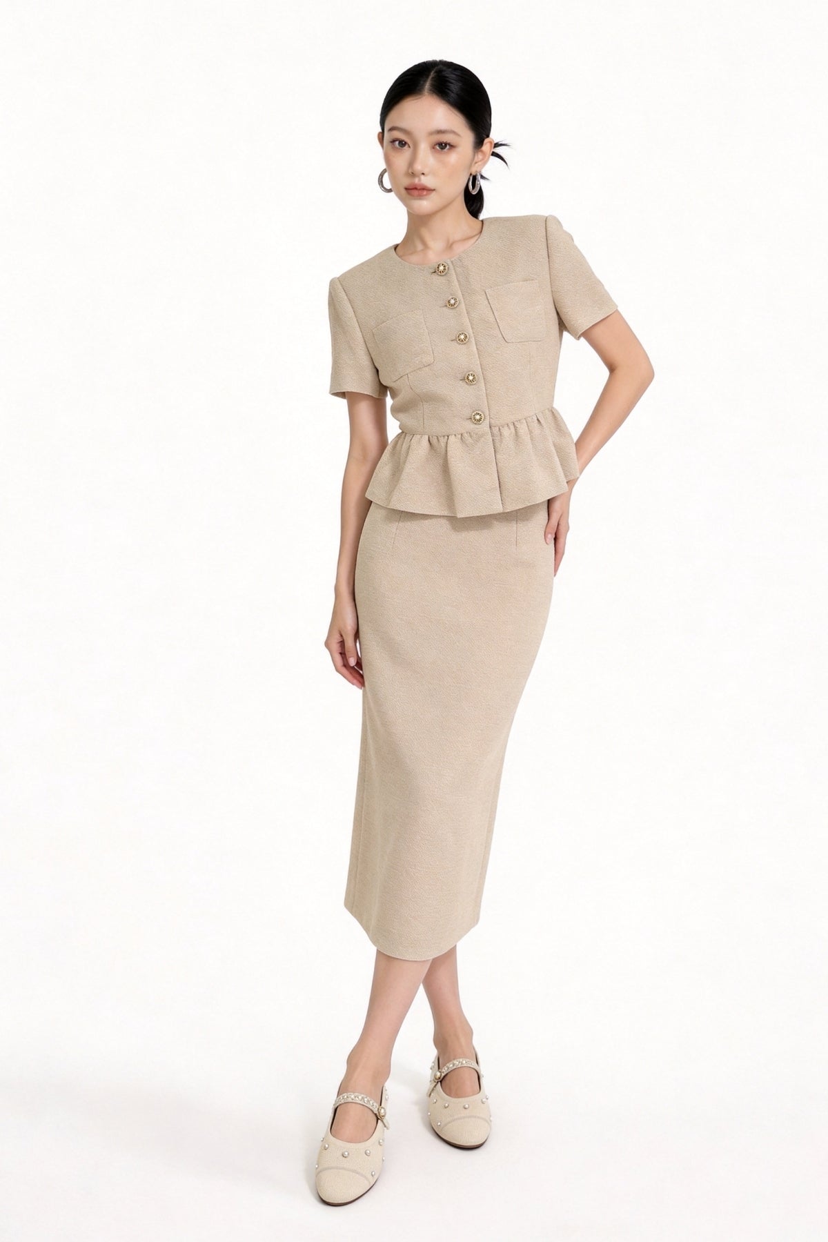 Davianna Peplum Tweed Button-Down Top