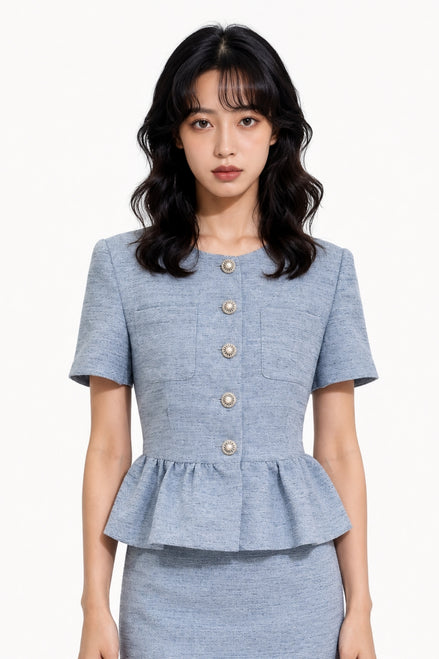 Davianna Peplum Tweed Button-Down Top