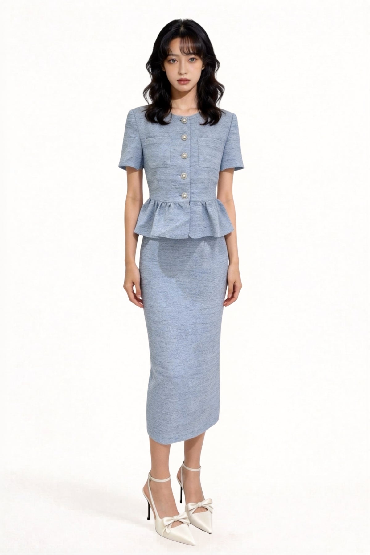 Davianna Peplum Tweed Button-Down Top