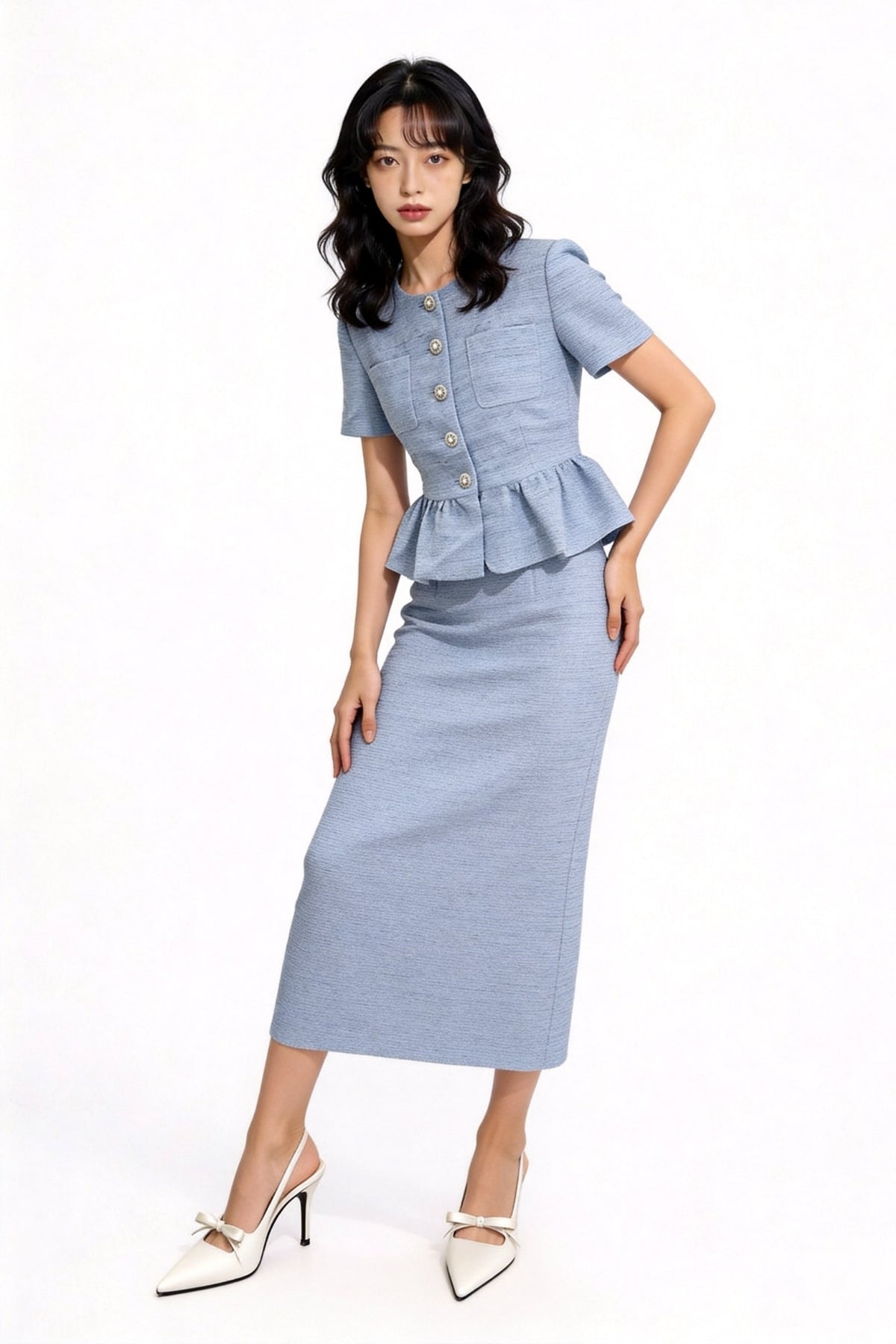 Davianna Peplum Tweed Button-Down Top