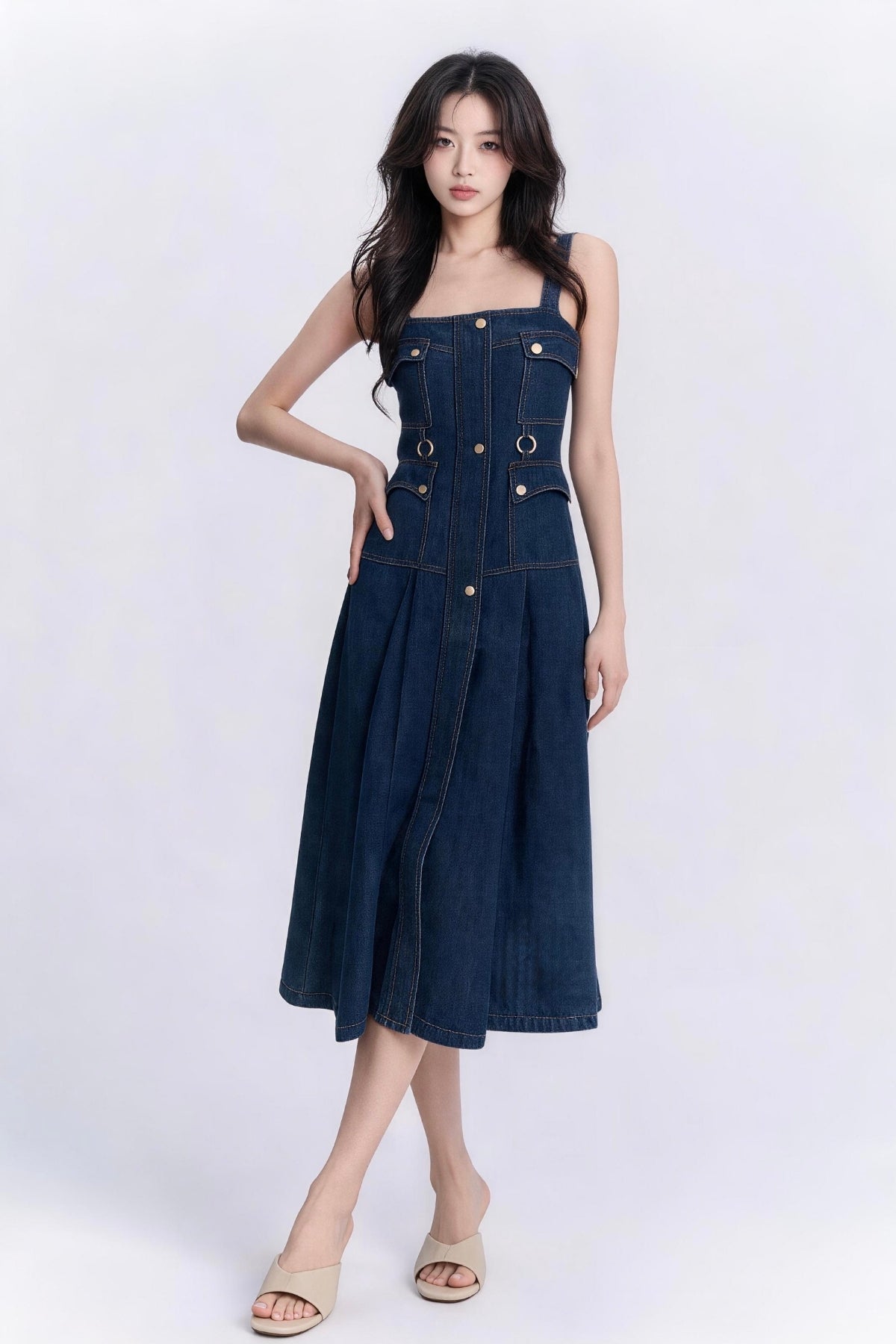 Gemma Utility Button-Down Denim Maxi Dress