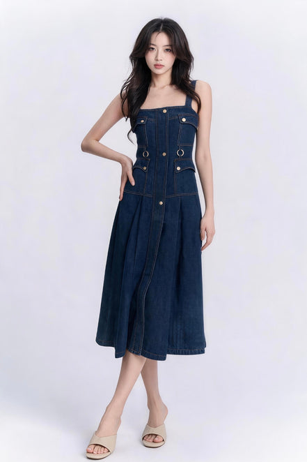 Gemma Utility Button-Down Denim Maxi Dress