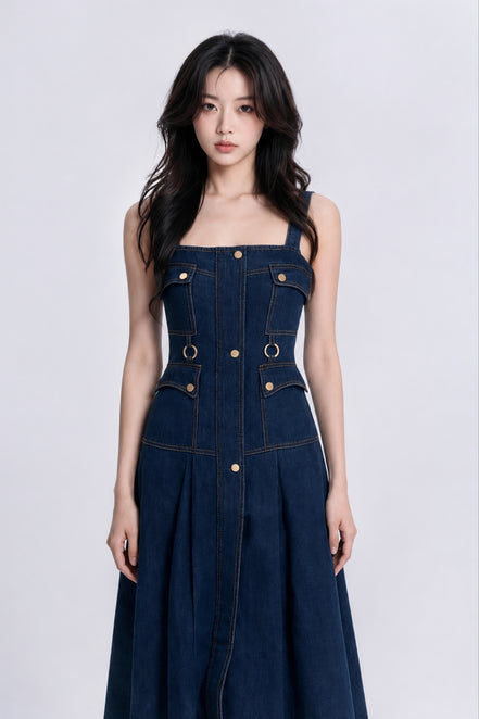 Gemma Utility Button-Down Denim Maxi Dress