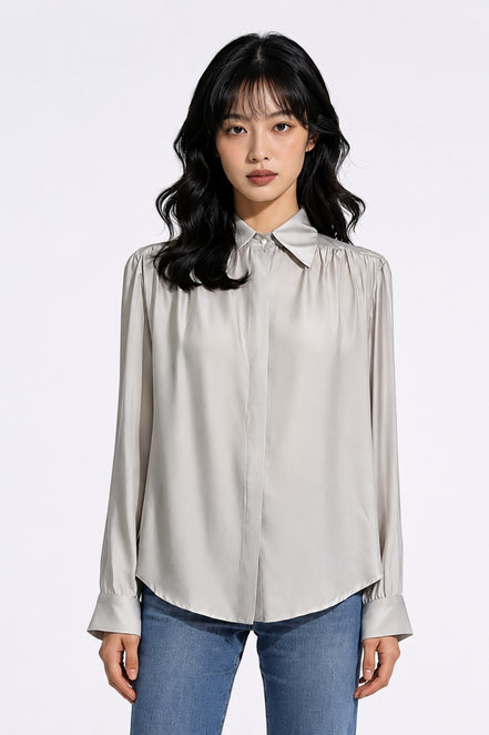 Grier Gathered Shoulder Satin Blouse