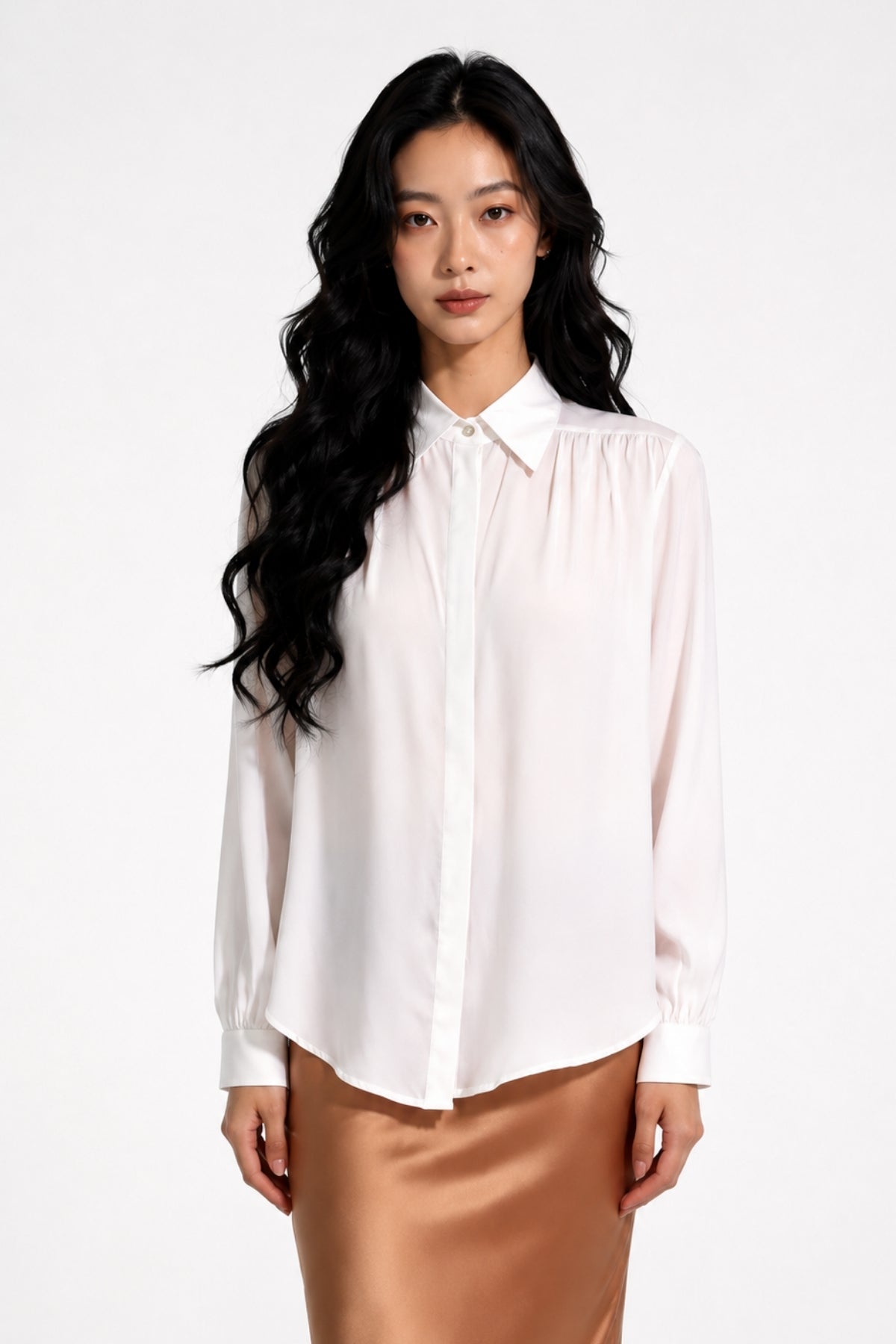Grier Gathered Shoulder Satin Blouse
