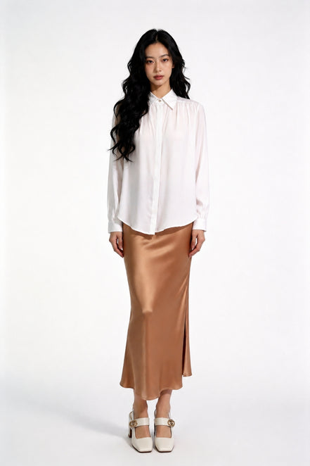 Grier Gathered Shoulder Satin Blouse