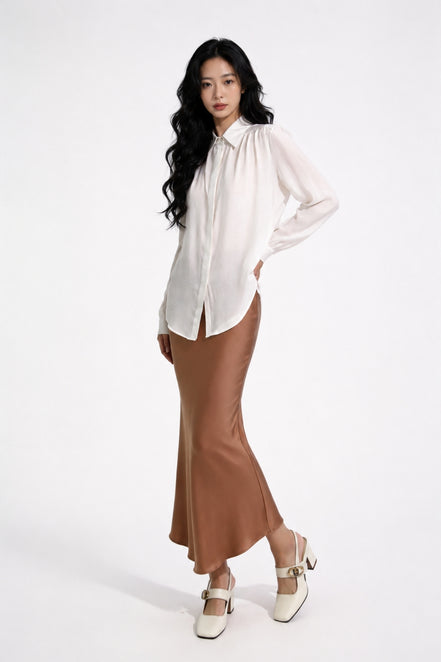 Grier Gathered Shoulder Satin Blouse