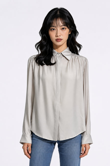 Grier Gathered Shoulder Satin Blouse