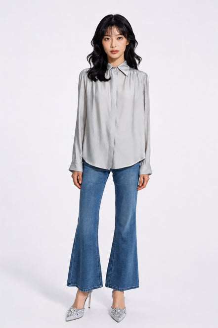 Grier Gathered Shoulder Satin Blouse