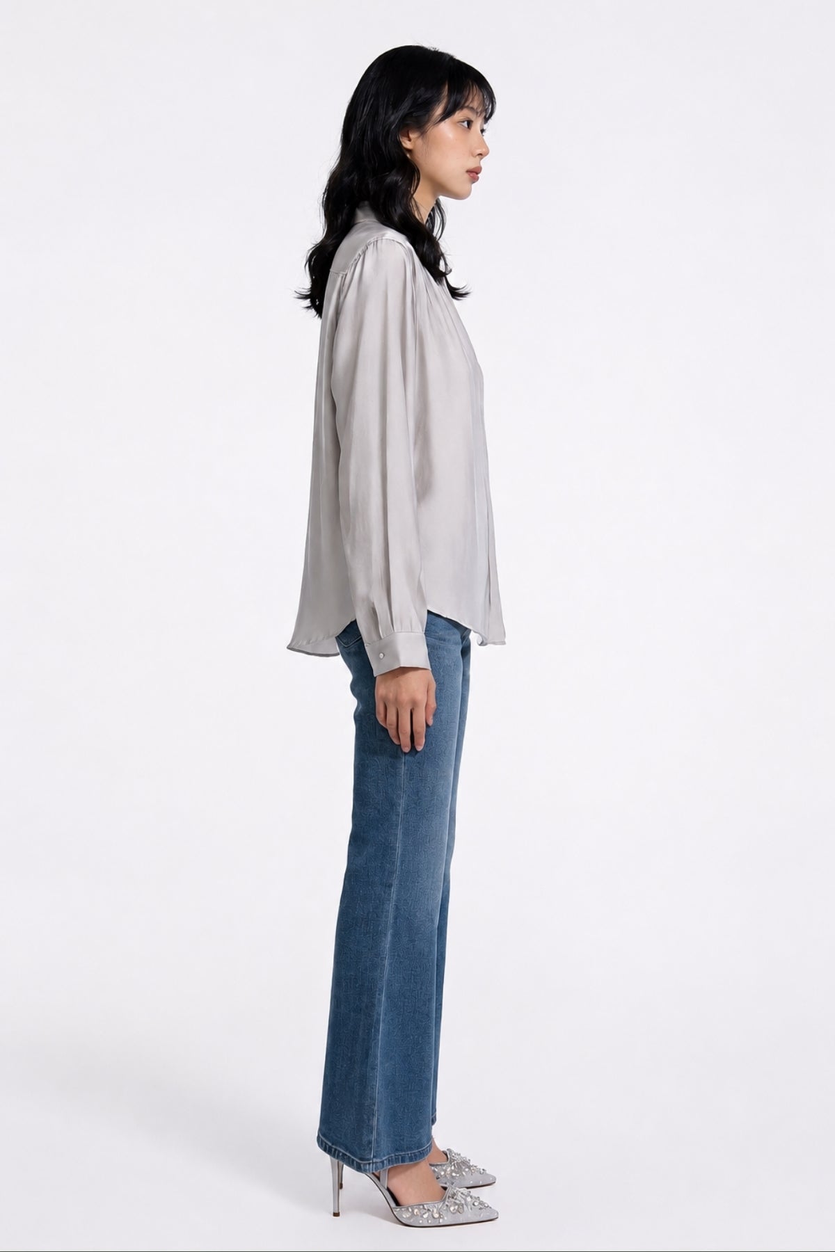 Grier Gathered Shoulder Satin Blouse