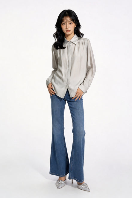 Grier Gathered Shoulder Satin Blouse
