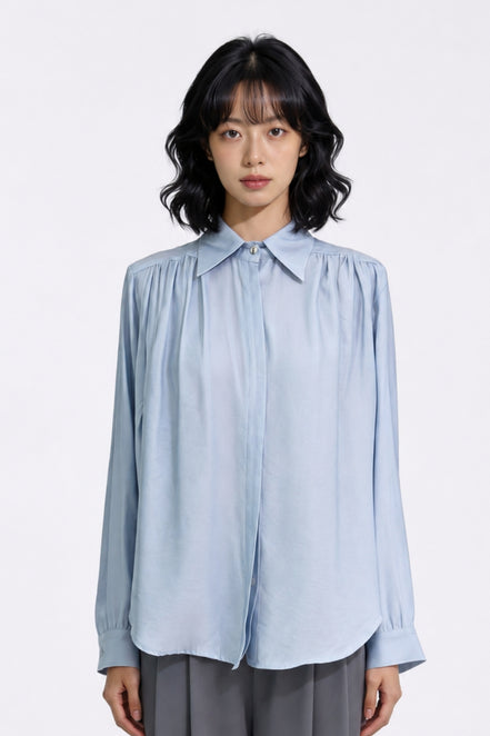 Grier Gathered Shoulder Satin Blouse
