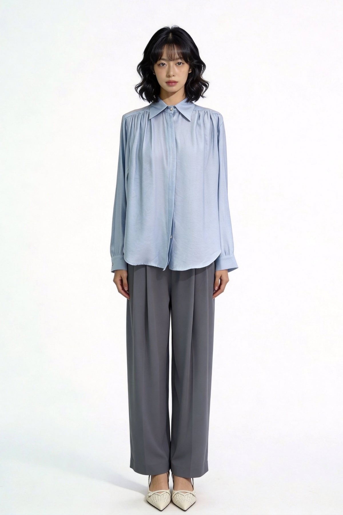 Grier Gathered Shoulder Satin Blouse