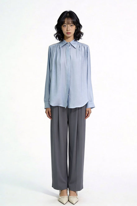 Grier Gathered Shoulder Satin Blouse