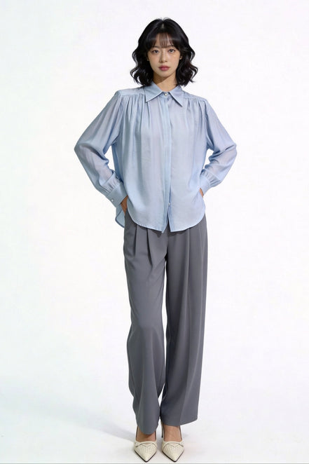 Grier Gathered Shoulder Satin Blouse