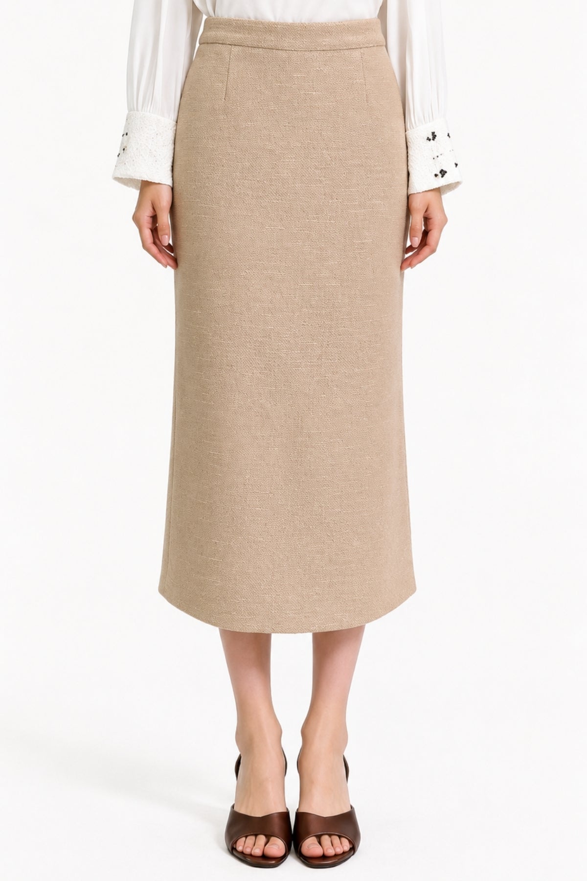 Hestia High-Waisted Tweed Column Midi Skirt