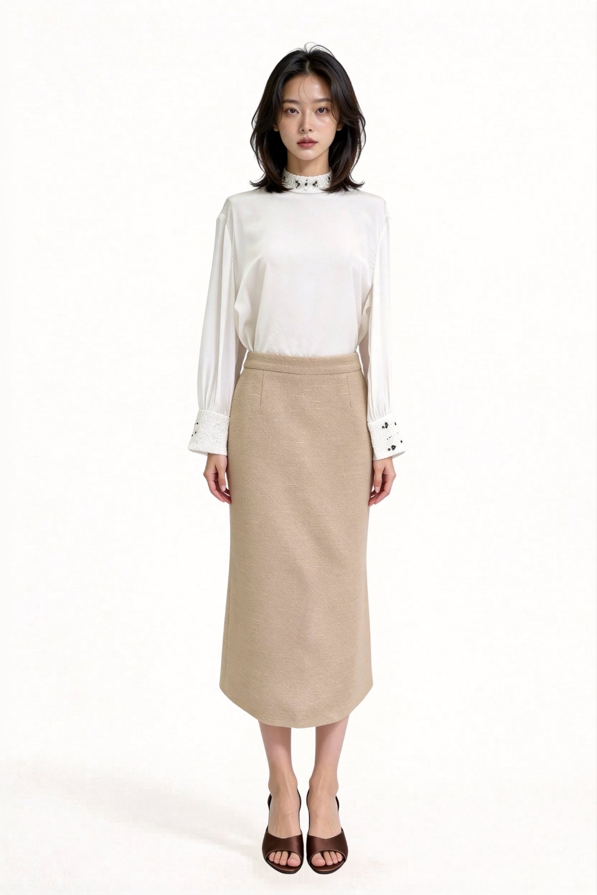 Hestia High-Waisted Tweed Column Midi Skirt