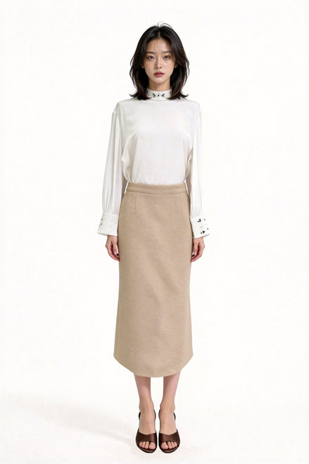 Hestia High-Waisted Tweed Column Midi Skirt