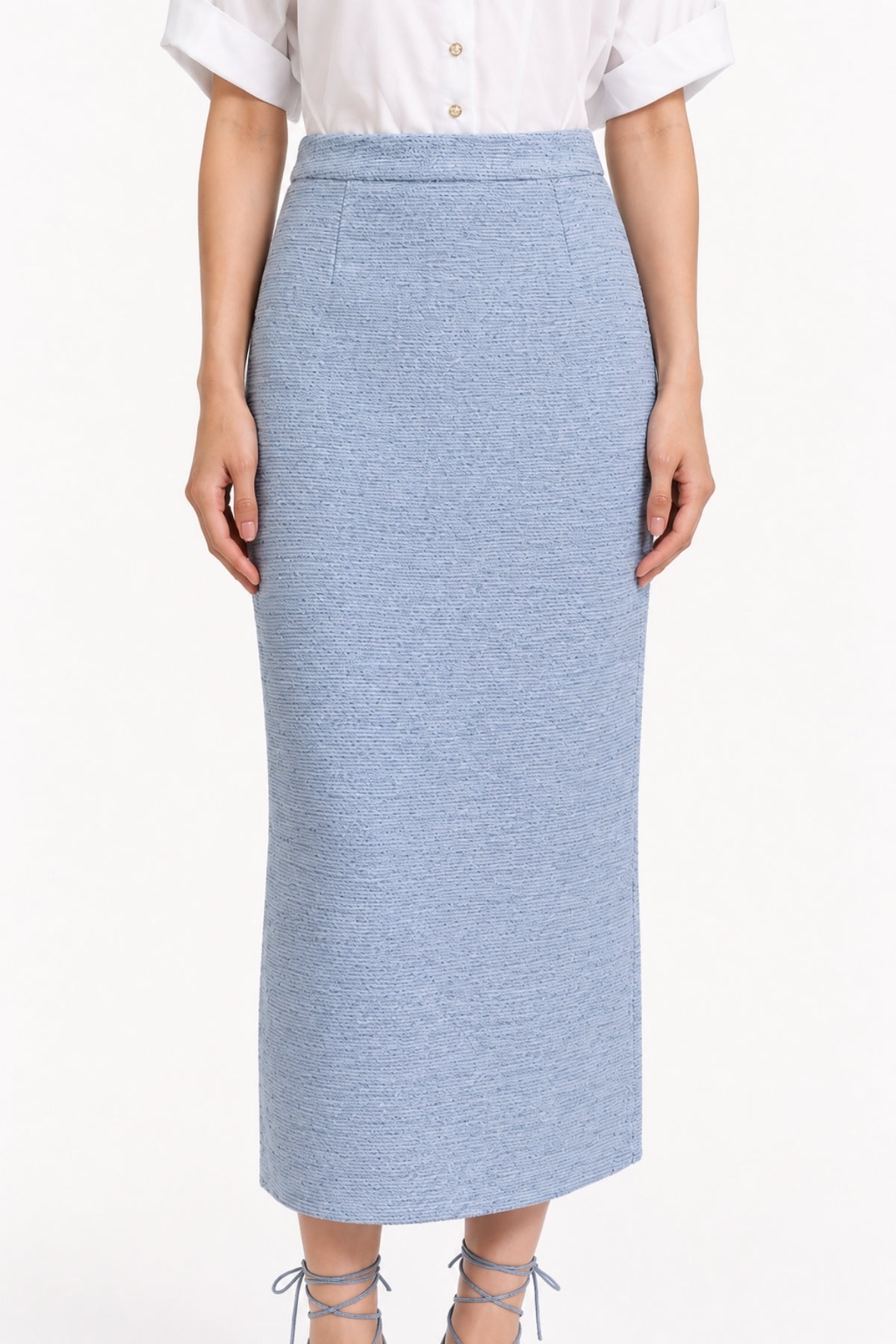 Hestia High-Waisted Tweed Column Midi Skirt