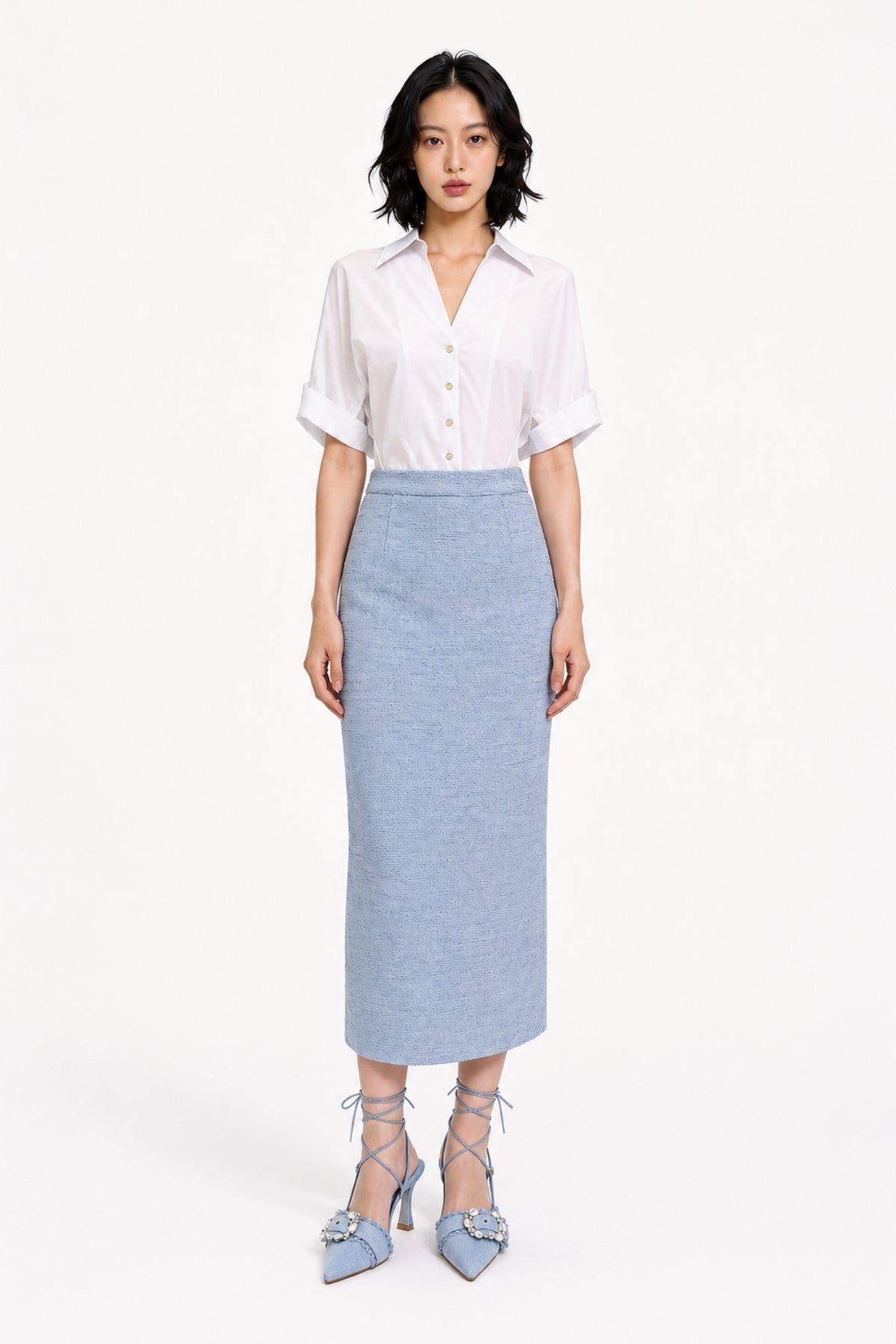 Hestia High-Waisted Tweed Column Midi Skirt