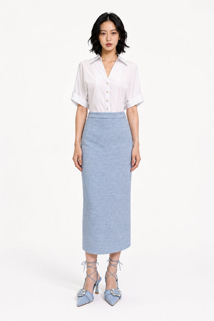 Hestia High-Waisted Tweed Column Midi Skirt