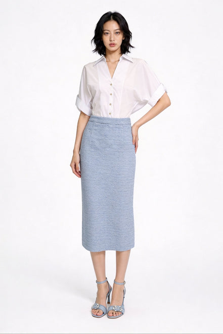 Hestia High-Waisted Tweed Column Midi Skirt