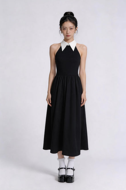 Ilaria Contrast Collar Halter Maxi Dress