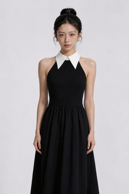Ilaria Contrast Collar Halter Maxi Dress