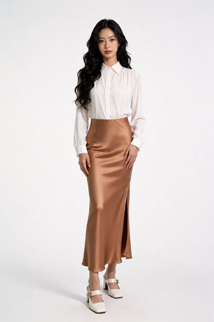 Inaya Satin Bias-Cut Midi Skirt