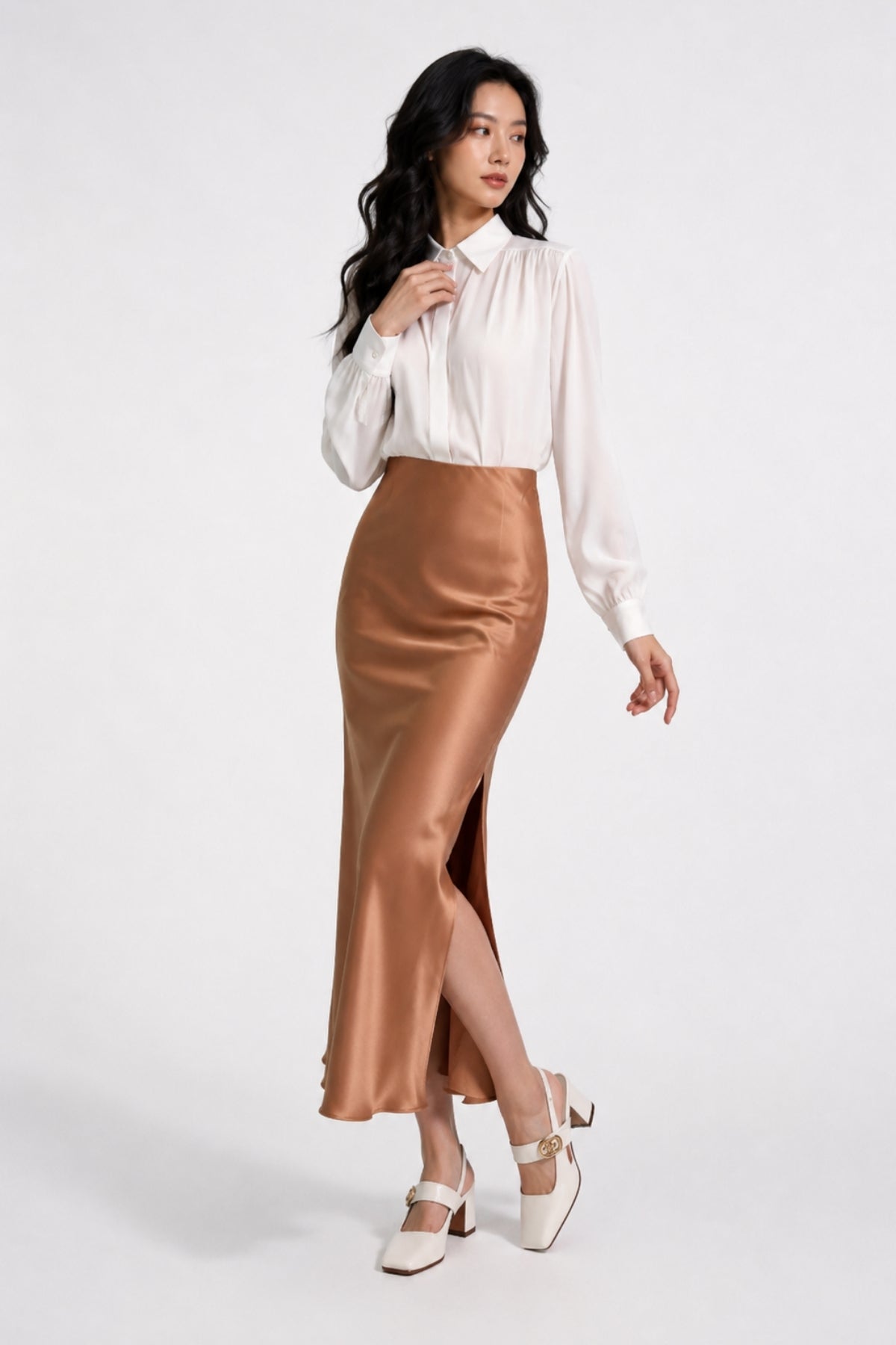 Inaya Satin Bias-Cut Midi Skirt