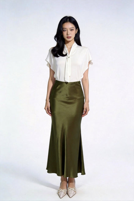 Inaya Satin Bias-Cut Midi Skirt
