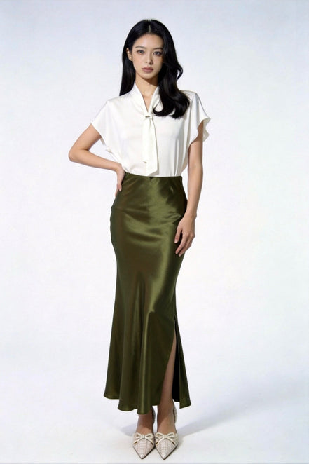 Inaya Satin Bias-Cut Midi Skirt