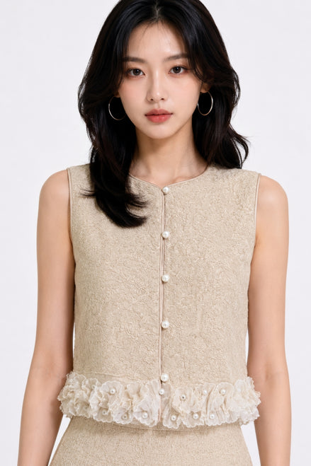Jovielle Floral-Fringe Tweed Vest