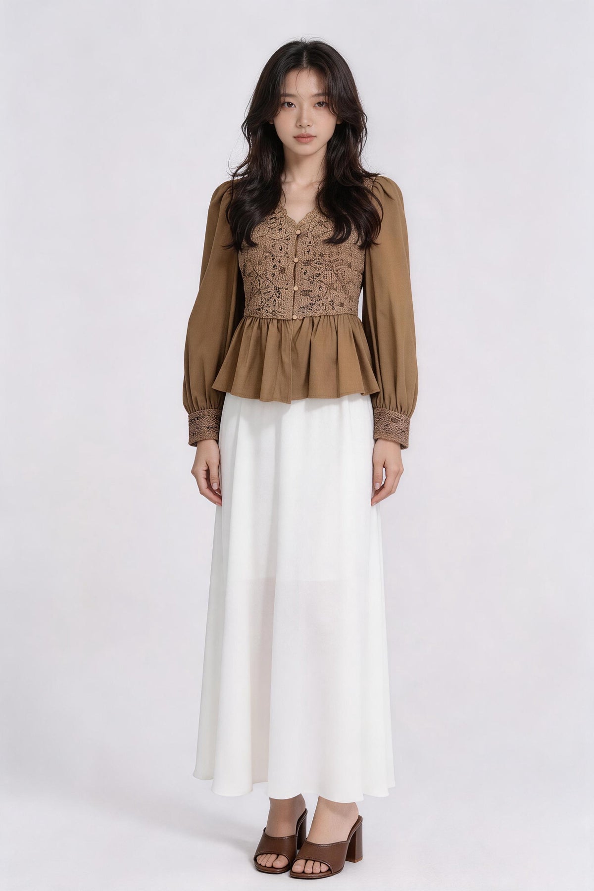 Ginevra Lace-Panel Satin Peplum Blouse