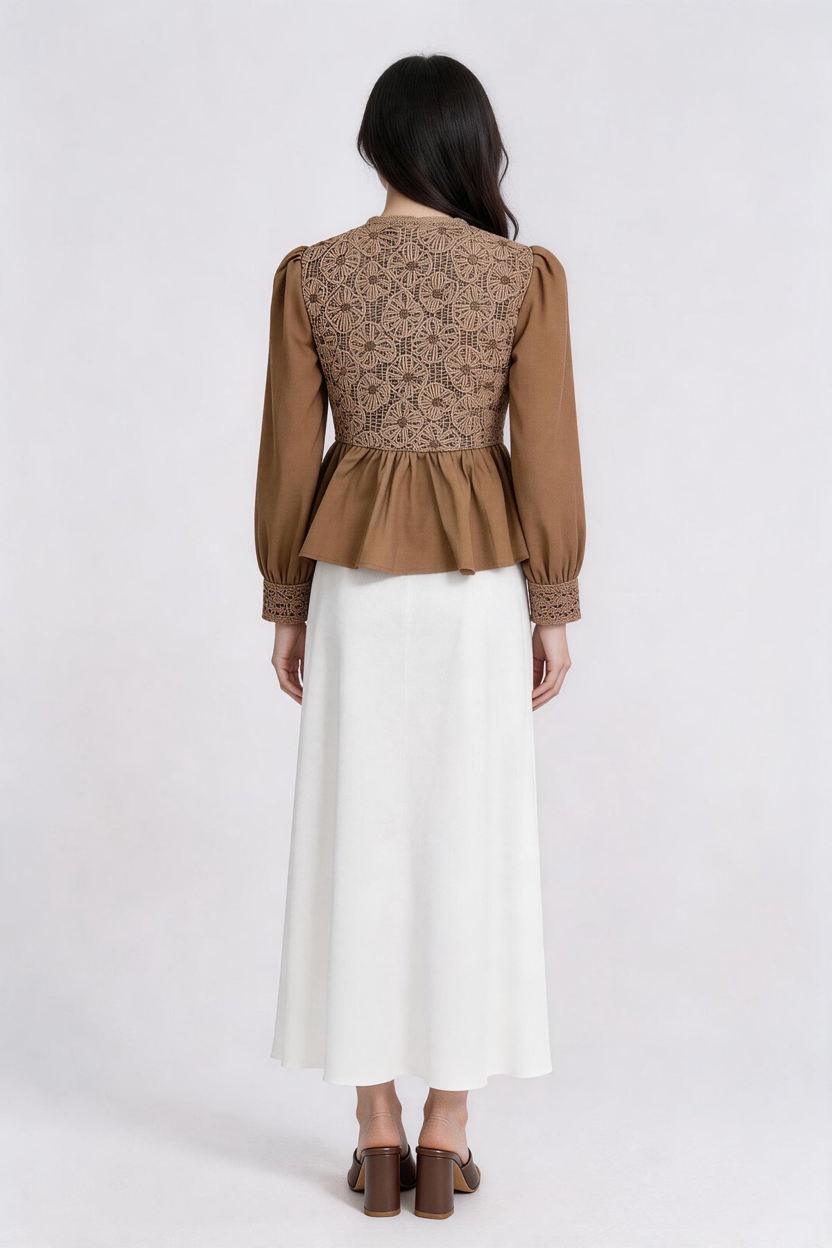 Ginevra Lace-Panel Satin Peplum Blouse