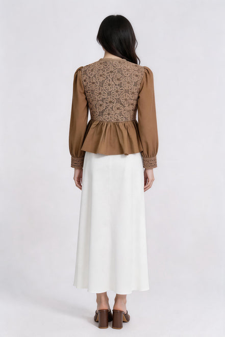 Ginevra Lace-Panel Satin Peplum Blouse
