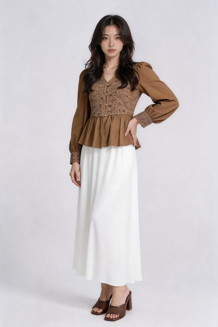 Ginevra Lace-Panel Satin Peplum Blouse